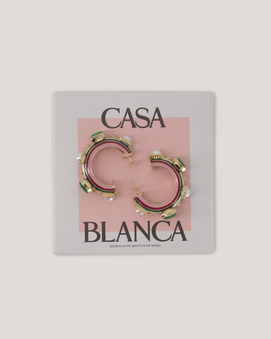 Jewellery CASABLANCA | Casablanca Pearl & Stone Gradient Hoop Earrings Green