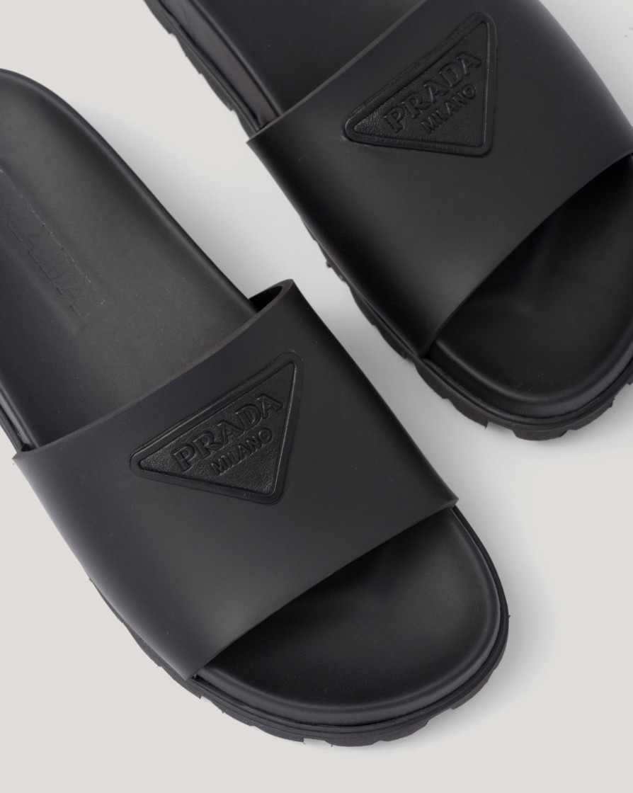 Footwear PRADA | Prada Embossed Triangle Logo Rubber Slides